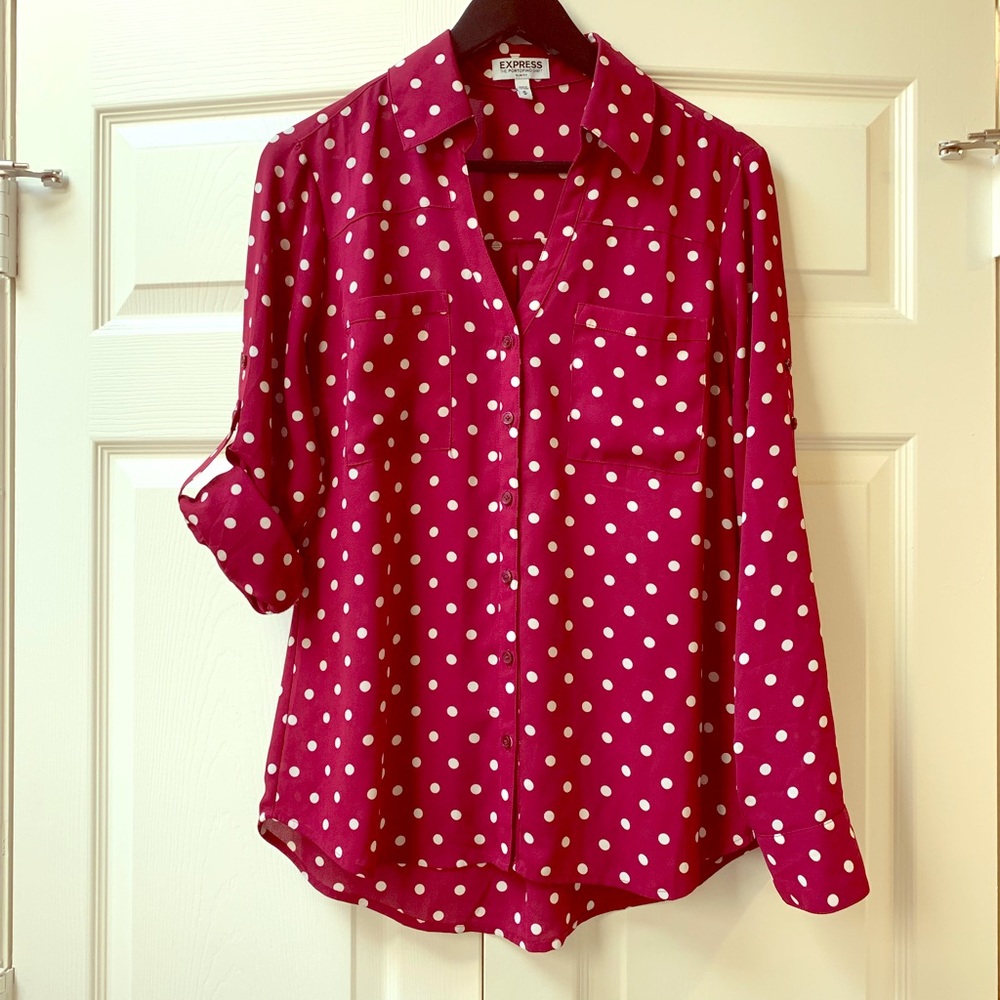 Express cranberry w/ white polka dots button down